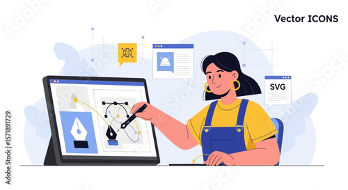 Female Graphic Designer Creates Vector Graphics On A Digital Tablet Screen