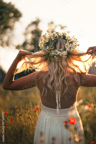 Young blonde woman in a wreath of daisies on a flower field at sunset