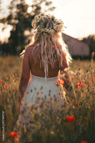 Young blonde woman in a wreath of daisies on a flower field at sunset
