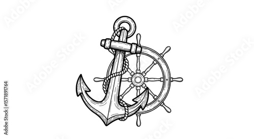  Vintage sketch doodle anchor and ship wheel