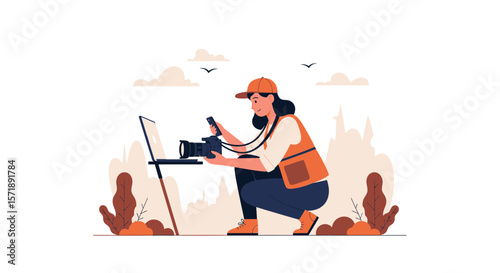 Female Photographer Reviewing Photos on Laptop During Outdoor Assignment Expedition