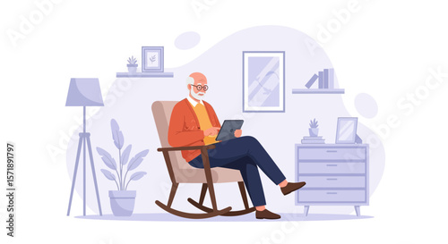 Elderly Man Relaxes in Chair Using Tablet at Home Modern Lifestyle