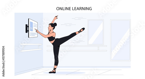 Elegant Ballerina Engages Interactive Screen For Remote Dance Education At Home