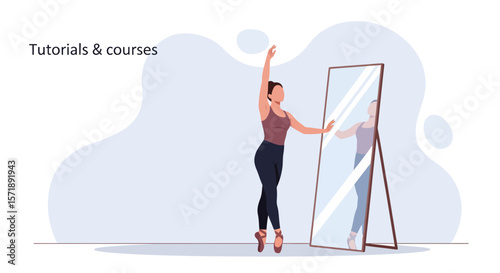 Elegant Ballerina Practicing Ballet Technique In Front Of Mirror With Tutorials