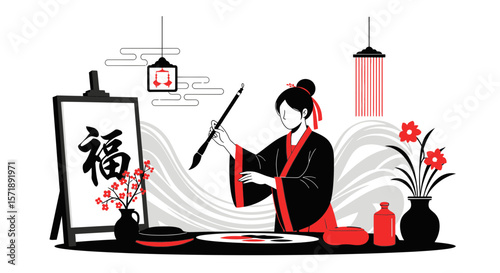 Elegant Chinese Woman Practicing Traditional Calligraphy With Brush And Ink