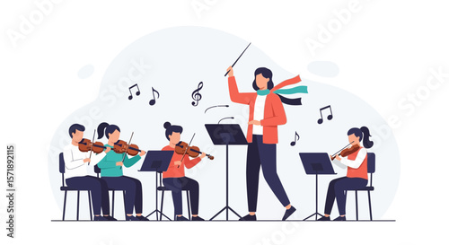 Elegant Orchestra Performance With Conductor Leading Group Musicians Players With Classical Music