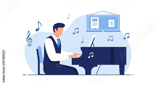 Elegant Pianist Performing Classic Music in Concert Hall Illustration