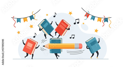 Festive Education Celebration Animated Books Dancing with Pencil Under Garlands