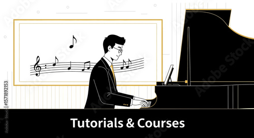 Elegant Piano Player With Musical Notes Illustration For Tutorials And Courses