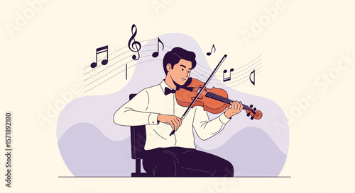 Elegant Violinist Performing Music With Artistic Notes And Background Design
