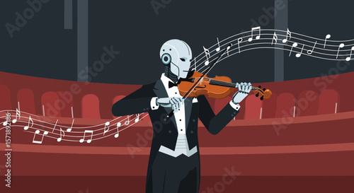 Elegant Robot Violinist Performing Classical Music In Grand Concert Hall