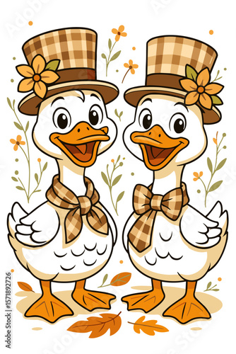 Cute cartoon ducks in autumn outfits with plaid hats and bows on white background, Thanksgiving illustration