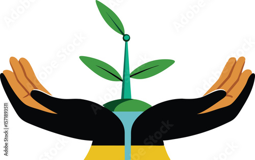 A gentle collection of stylized illustrations depicting hands tenderly cradling small plants, symbolizing growth, nature, and environmental care