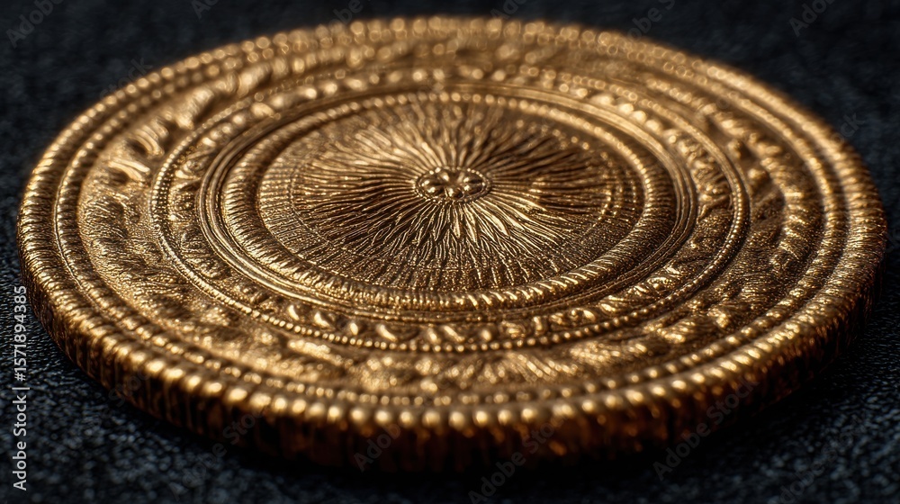 Fototapeta premium Single gold coin with detailed texture on smooth surface 