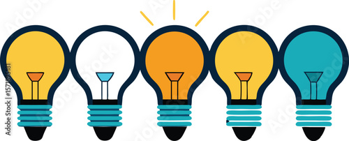 A minimalist collection of illustrations featuring a row of glowing light bulbs, symbolizing illuminated ideas, innovation, and continuous thought.