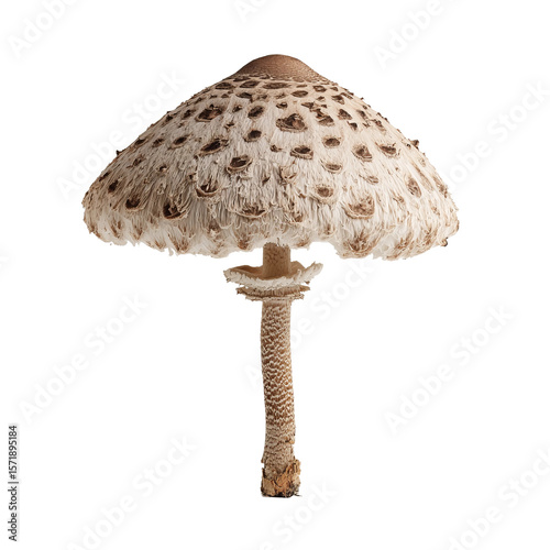 A single parasol mushroom standing tall, showcasing its intricate texture and unique shape. Its cap is a beautiful display of natural patterns