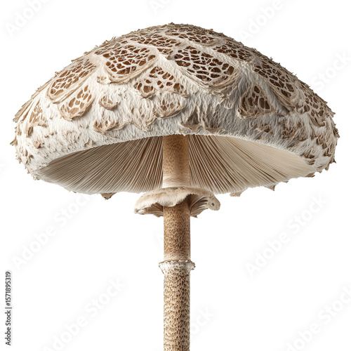 Close up of an elegant parasol mushroom, showcasing its intricate details