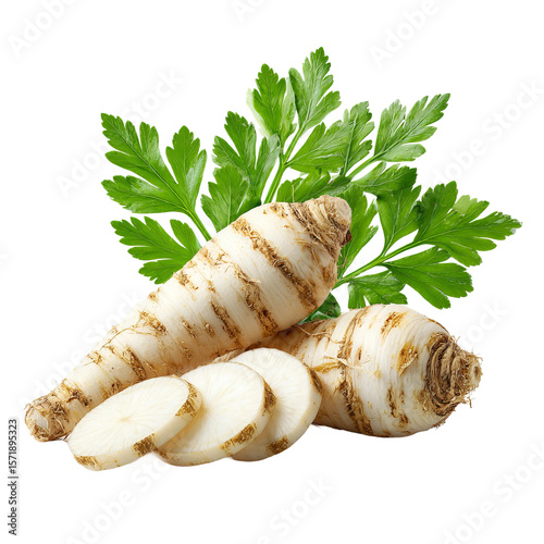 Fresh parsnip slices and a leafy green sprig, showcasing the natural beauty of this root vegetable. The parsnip is cut into slices, highlighting its texture, with a backdrop of crisp green leaves