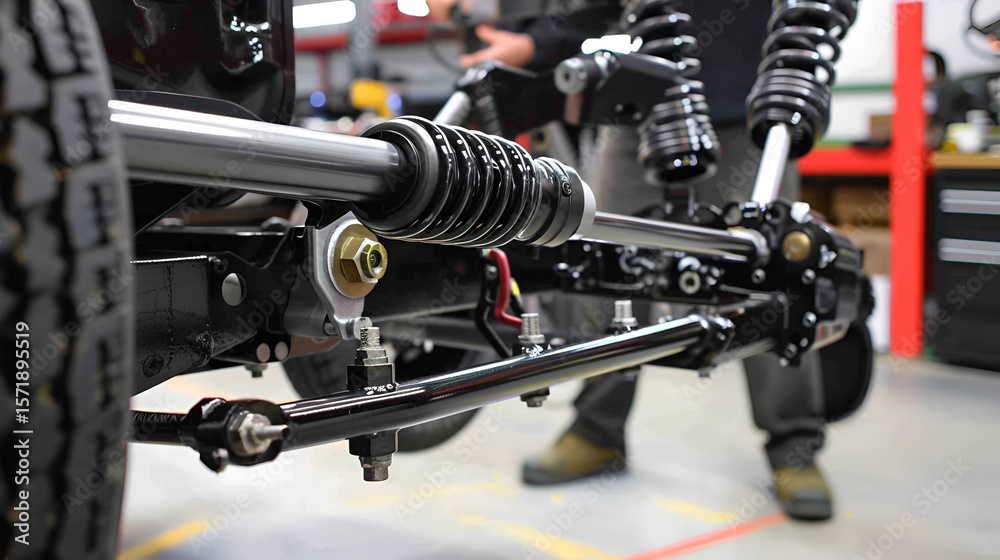 Fototapeta premium Close up of a black vehicle chassis with suspension and a person standing in the background