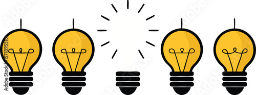 A minimalist collection of illustrations featuring a row of glowing light bulbs, symbolizing illuminated ideas, innovation, and continuous thought.