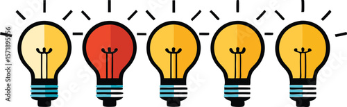 A minimalist collection of illustrations featuring a row of glowing light bulbs, symbolizing illuminated ideas, innovation, and continuous thought.