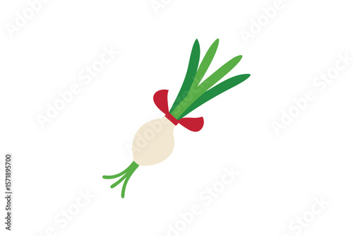 Radish And Spring Onion Bundle With Ribbon On White