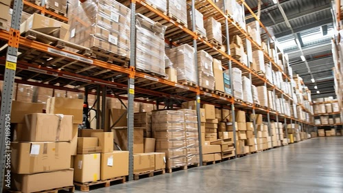 Warehouse interior showing high racks with cardboard boxes ready for shipment