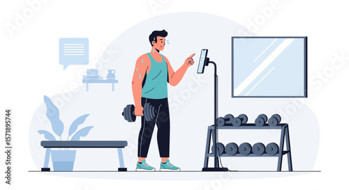 Man Uses Online Platform For Exercise Routine In Home Gym