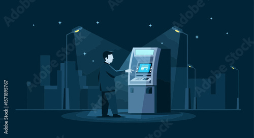 Man Using Atm Machine At Night In The City Silhouette Business Finance