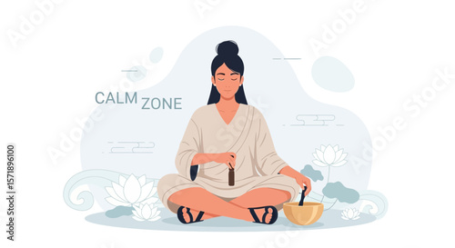 Peaceful Woman Meditating With Essential Oils And Singing Bowl In Calm Atmosphere