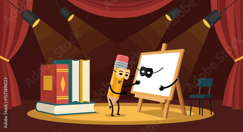 Pencil And Easel Wearing Masks Performing On Stage With Books Illustration