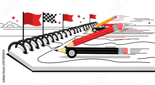 Pencil Cars On Notebook Race To The Finish Line On Design Competition