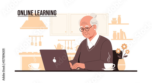 Senior Citizen Embracing Digital Education And Online Courses In The Modern Kitchen
