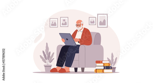 Senior Man Comfortably Using Laptop In His Armchair In Living Room