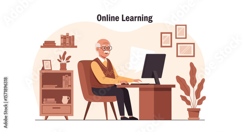 Senior Man Enjoying Online Education At Home In Relaxed Atmosphere