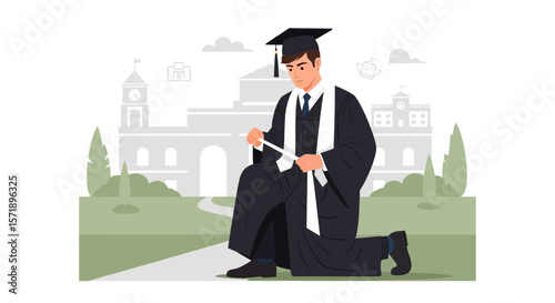 Pensive Graduate Poses with Diploma on Knee in Front of University Building