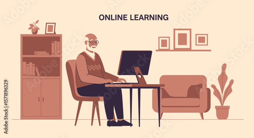 Senior Man Learning New Skills Using Computer Online Course From Home