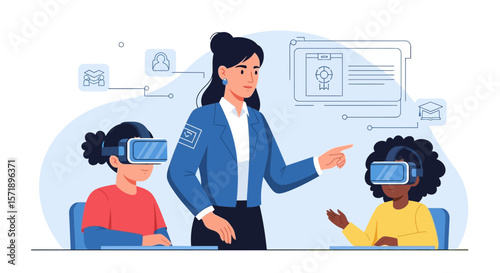 Virtual Reality Learning Experience Teacher Guiding Students In Immersive Digital Class