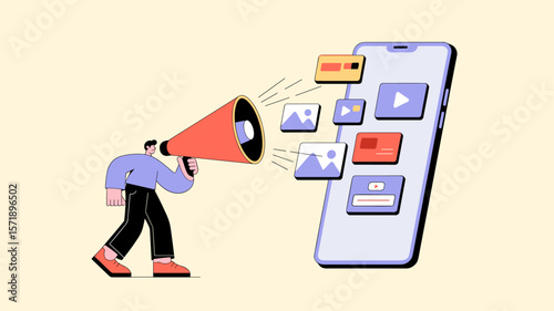 marketer with megaphone promoting content on a smartphone, vector illustration for digital marketing, online advertising economy and social media campaigns