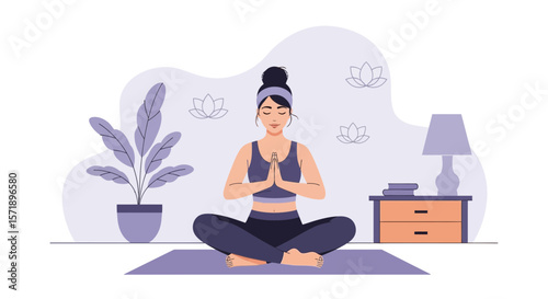 Serene Woman Practicing Yoga At Home For Well Being Lifestyle Concept