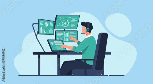Person Analyzes Financial Data From Multiple Monitors In A Modern Workspace