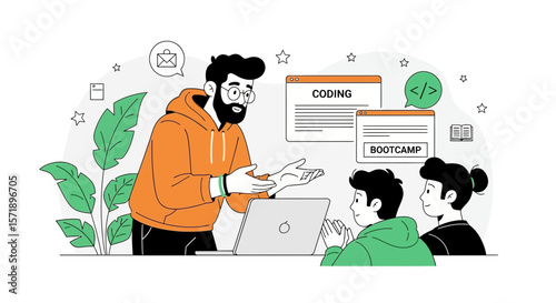 Mentor Teaches Students Coding Skills In A Modern Bootcamp Environment Scene