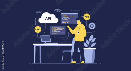 Person Explaining Api Integration With Desk And Computer Screen In Dark Room
