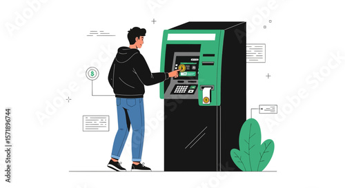 Person Using Automated Teller Machine For Financial Transactions Concept