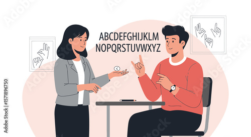 Sign Language Communication Between Two People, Illustration of Deaf Interpretation
