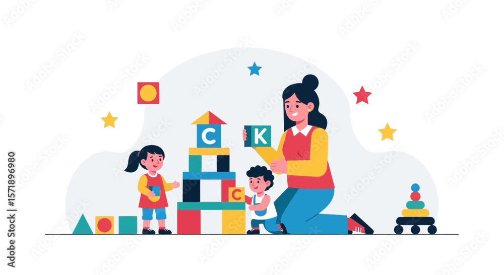 Fototapeta premium Happy Children Playing With Colorful Blocks With An Adult Assistance At Daycare