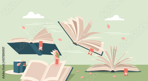 Whimsical Flying Books With Bookmarks And Gentle Pink Petals Education Concept