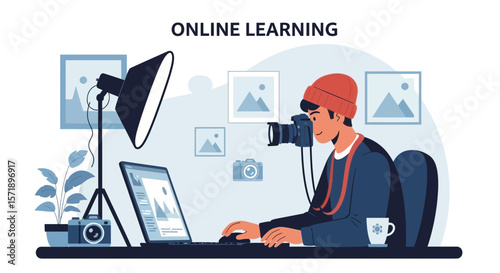 Photographer Taking Online Photography Course From Home Studio Using Laptop