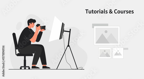 Photographer Taking Pictures During Online Photography Course Or Tutorials In Studio