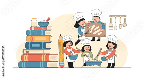 Happy Children Learning Culinary Arts From Books And Having Fun In The Kitchen